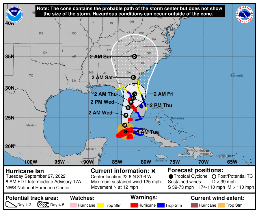Hurricane Ian forecast cone showing the probable path of the storm center, updated 8 a.m. EDT Tuesday, September 27, 2022.