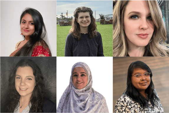 Shweta Chauhan, Emily Kasbohm, Becca Kingery, Jessica Krause, Ayat Mohammed, and Veronica Ramirez smiling for photos